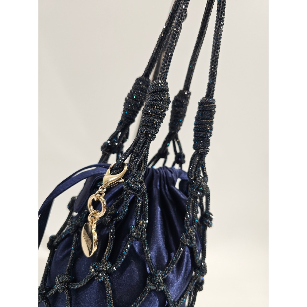 Judith Leiber Couture Sparkle Net Pouch Bag Bucket Navy Satin Mesh Evening EUC - Picture 4 of 13